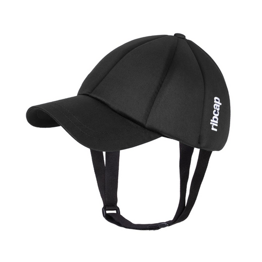 The Ribcap Baseball Cap [Black] by Ribcap features soft panels, chin straps, and subtle "ribcap" branding in white—delivering discreet, stylish head protection as a baseball-style medical helmet.