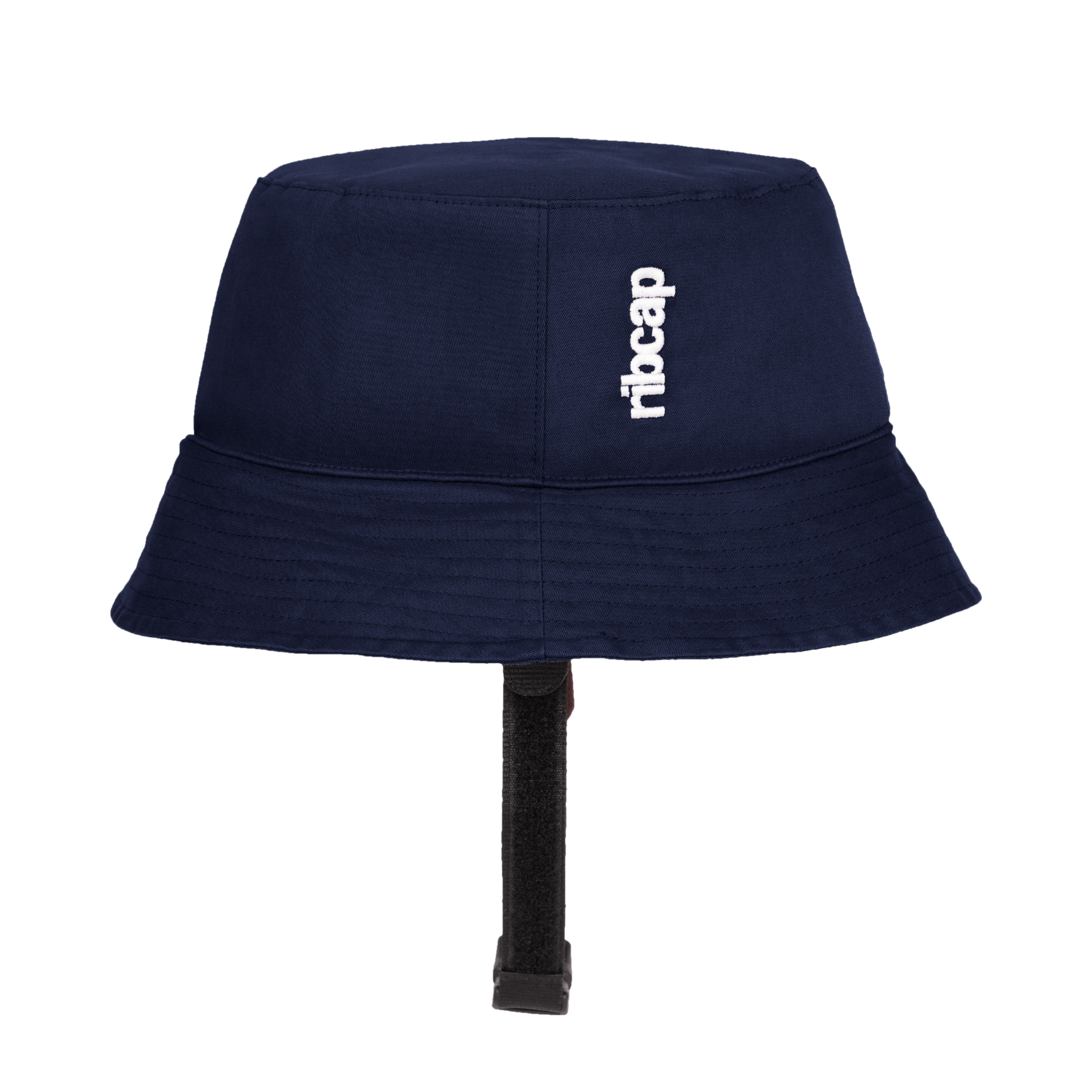 The Ribcap Billie Hat in navy blue is a soft, medical-grade bucket hat with a short brim, "ribcap" embroidered in white on the front, and a black adjustable chin strap for comfort and security.