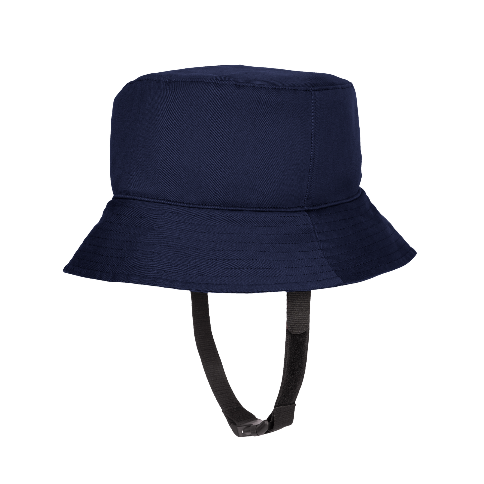 The Ribcap Billie Hat [Navy Blue] by Ribcap is a wide-brimmed bucket hat with black adjustable chin straps, providing soft medical grade head protection, displayed against a white background.