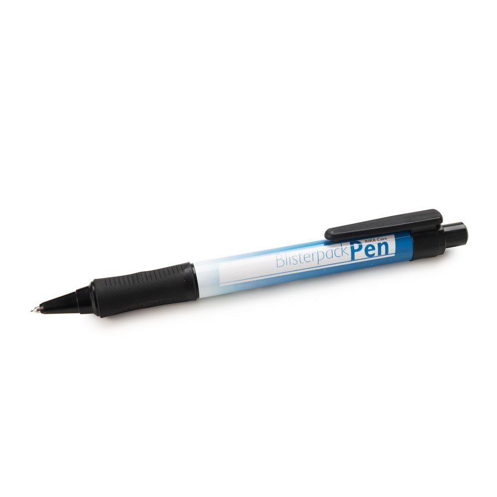 The Rika Blister Pen is a black and blue retractable ballpoint pen with a clear barrel labeled "Blister Pen," black grip, and pocket clip, shown against a white background for easy identification among tools.
