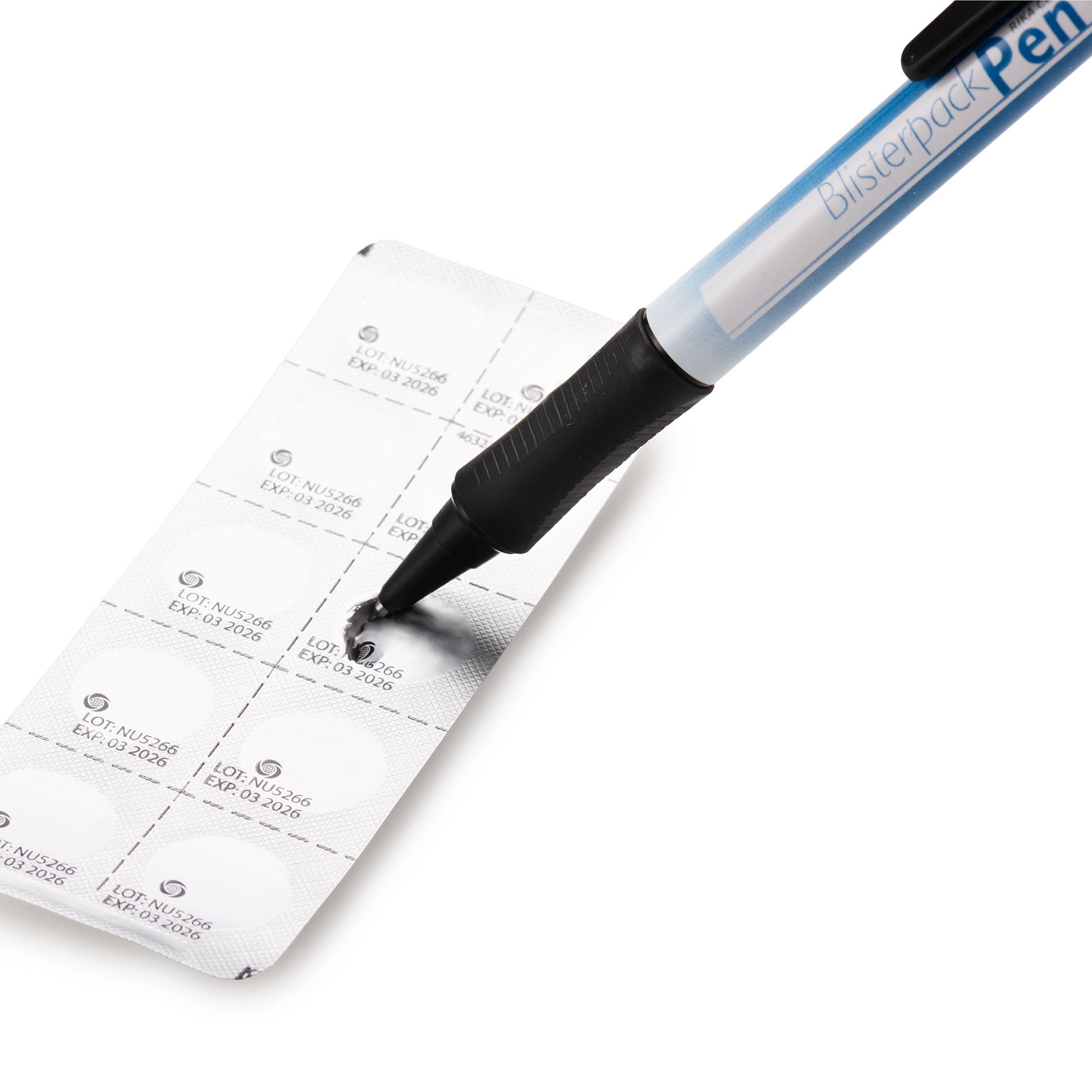 The Rika Blister Pen punctures the foil of a blister pack, partially opening one compartment for easier medication access.