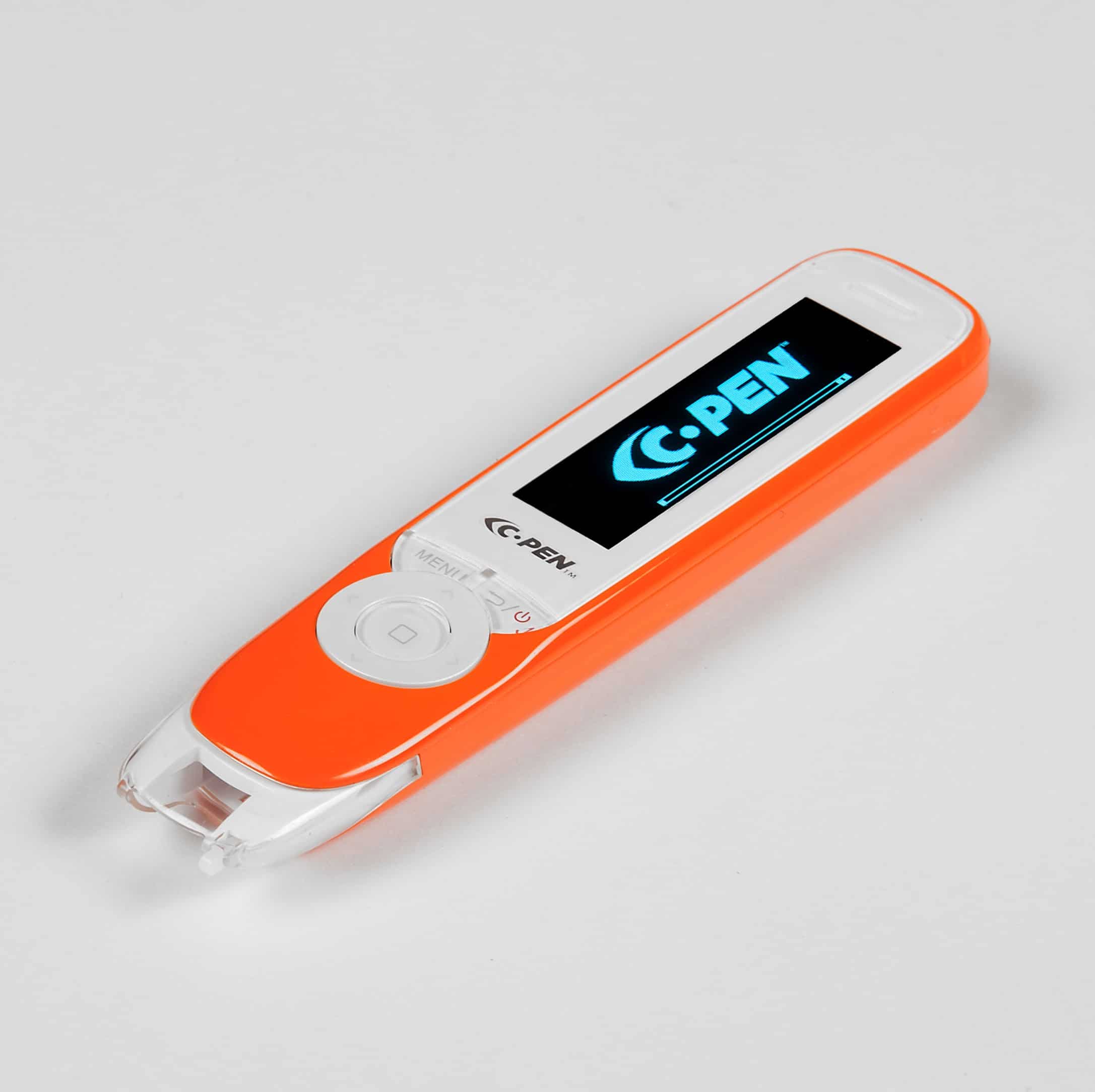 The C-PEN Exam Reader 2 is a handheld electronic device with an orange and white casing, a small screen showing "C-PEN," and control buttons, offering assistive text reader functionality for exam support.
