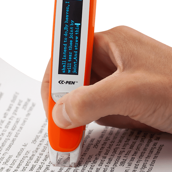 A hand uses the orange C-PEN Exam Reader 2, scanning a printed document as its screen displays captured text, demonstrating how this C-PEN device digitizes written information from paper.