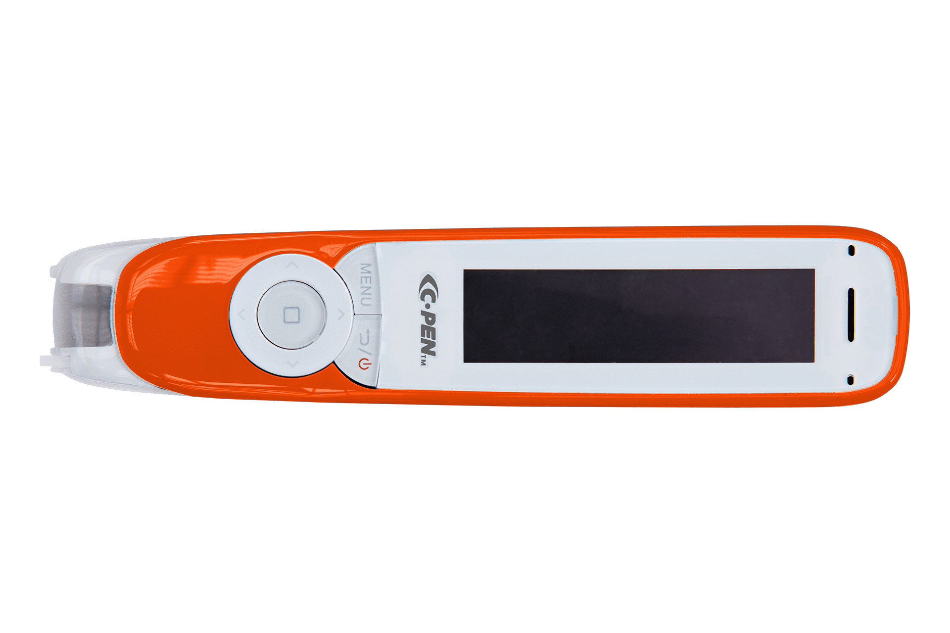 The C-PEN Exam Reader 2 is an orange and white handheld electronic device with a small screen, control buttons, and a transparent tip, designed as an assistive text reader for exam support. It is displayed on a white background.