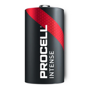 The Assistive Tech Procell Intense Alkaline Battery C 1.5V (2 pack) features a black cylindrical design with a red diagonal stripe and white vertical PROCELL INTENSE branding, perfect for high-drain assistive technology devices.
