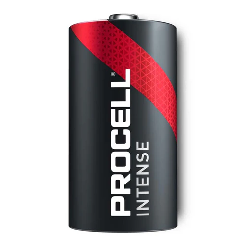 The Assistive Tech Procell Intense Alkaline Battery C 1.5V (2 pack) features a black cylindrical design with a red diagonal stripe and white vertical PROCELL INTENSE branding, perfect for high-drain assistive technology devices.