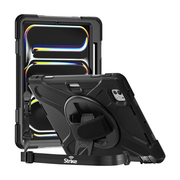 The Strike Rugged Case with Hand Strap and Lanyard for iPad Pro 11-inch M4 by Strike offers all-around protection with a shockproof design, built-in hand strap, rotating stand, and adjustable shoulder strap; shown from front and back.