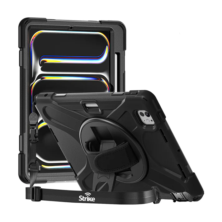 The Strike Rugged Case with Hand Strap and Lanyard for iPad Pro 11-inch M4 by Strike offers all-around protection with a shockproof design, built-in hand strap, rotating stand, and adjustable shoulder strap; shown from front and back.