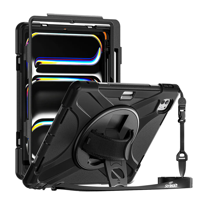 The Strike Rugged Case with Hand Strap and Lanyard for iPad Pro 13-inch M4 features dual-layer protection, a rotating hand strap, and a shoulder lanyard, shown on and off the device to highlight its shockproof, portable design.