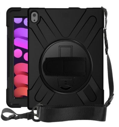 The Strike Rugged Case with Hand Strap and Lanyard for iPad mini (6th gen & A17 Pro) offers dual-layer protection, a rotating kickstand, detachable shoulder strap, and is shown on a tablet with a colorful display.