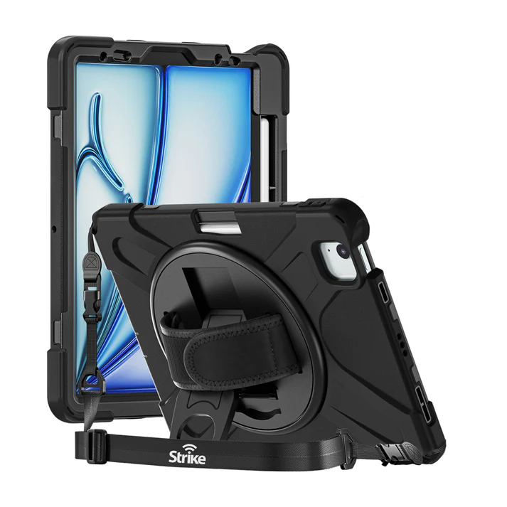 The image shows the Strike Rugged Case with Hand Strap and Lanyard (for iPad Air 11-inch M2/M3/M4) by Strike in black, featuring a rotatable hand strap, built-in stand, shoulder strap, and a shockproof design with a blue abstract screen display.