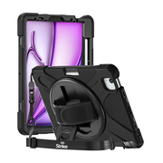 Two iPads in Strike Rugged Cases with hand straps, kickstands, and lanyards. One shows a purple screen; the other displays the back of the iPad Air 13-inch M2/M3/M4 case with rotating hand grip and Strike logo.