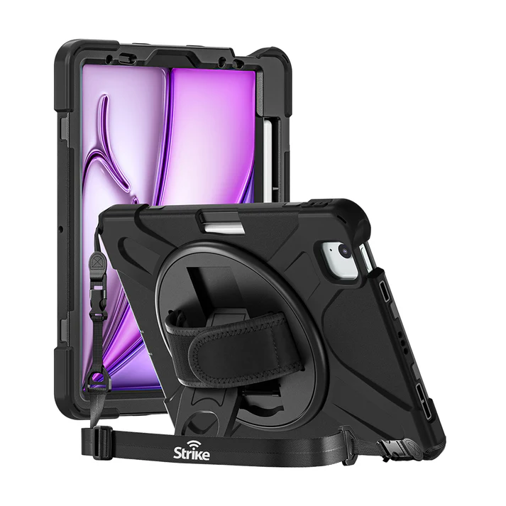 Two iPads in Strike Rugged Cases with hand straps, kickstands, and lanyards. One shows a purple screen; the other displays the back of the iPad Air 13-inch M2/M3/M4 case with rotating hand grip and Strike logo.