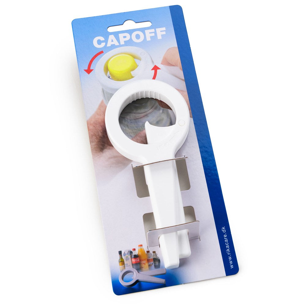 The Rika Cap Off is a white plastic ergonomic bottle opener in blue packaging that shows how it assists with opening plastic bottle caps, making it ideal for those with weak wrists.