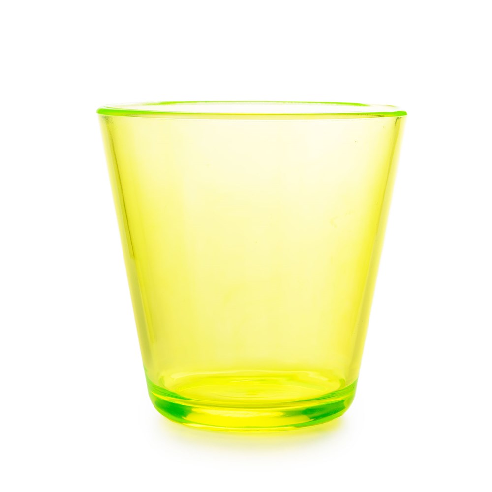 A translucent yellow Rika Easy Grip Cup tumbler with a slightly flared rim, designed for comfort, displayed on a white background.