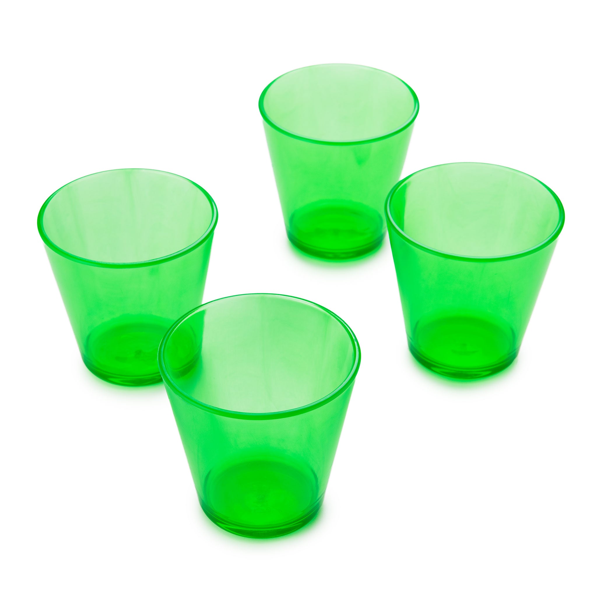 Four translucent green Rika Easy Grip Cups are arranged in a loose semi-circle on a white background, each crafted from unbreakable SAN for an ergonomic drinking experience.