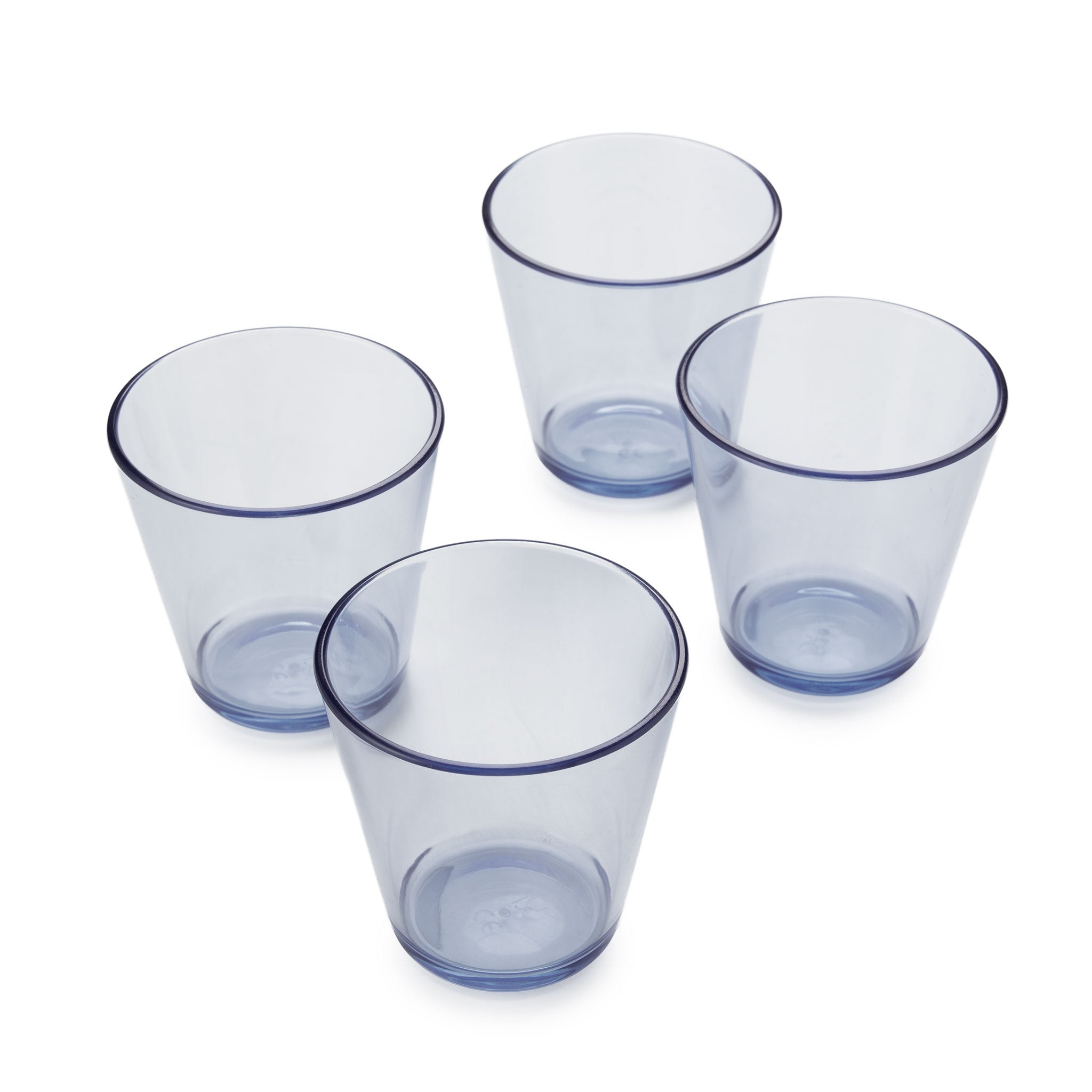 Four empty, translucent grey Rika Easy Grip Cups are arranged on a white background. Each cup is simple, cylindrical, and evenly spaced for a modern look.