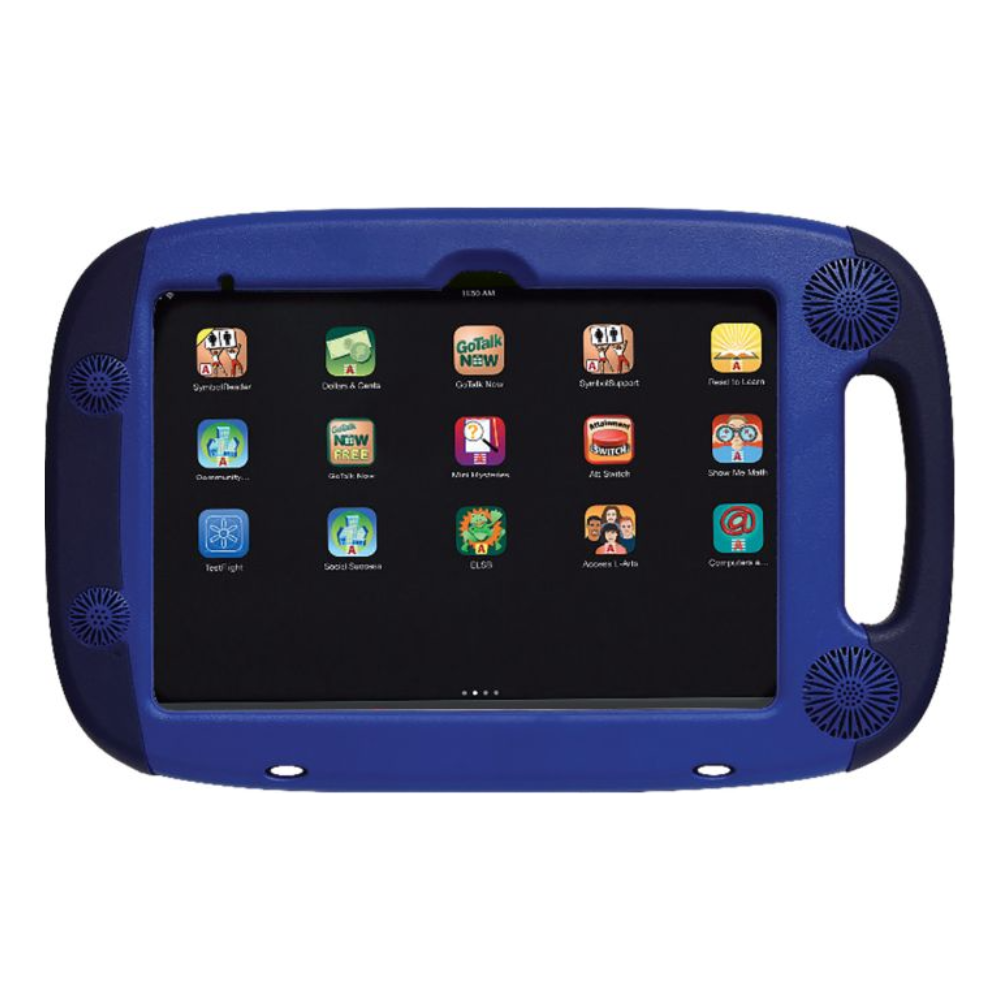 The Attainment GoNow Package for iPad (A16/10th/11th Gen, Air 11" M2/M3/M4) is a blue, rugged children’s case with a right-side shock-absorbing handle, built-in acoustic speakers, and a display showing colorful educational app icons.