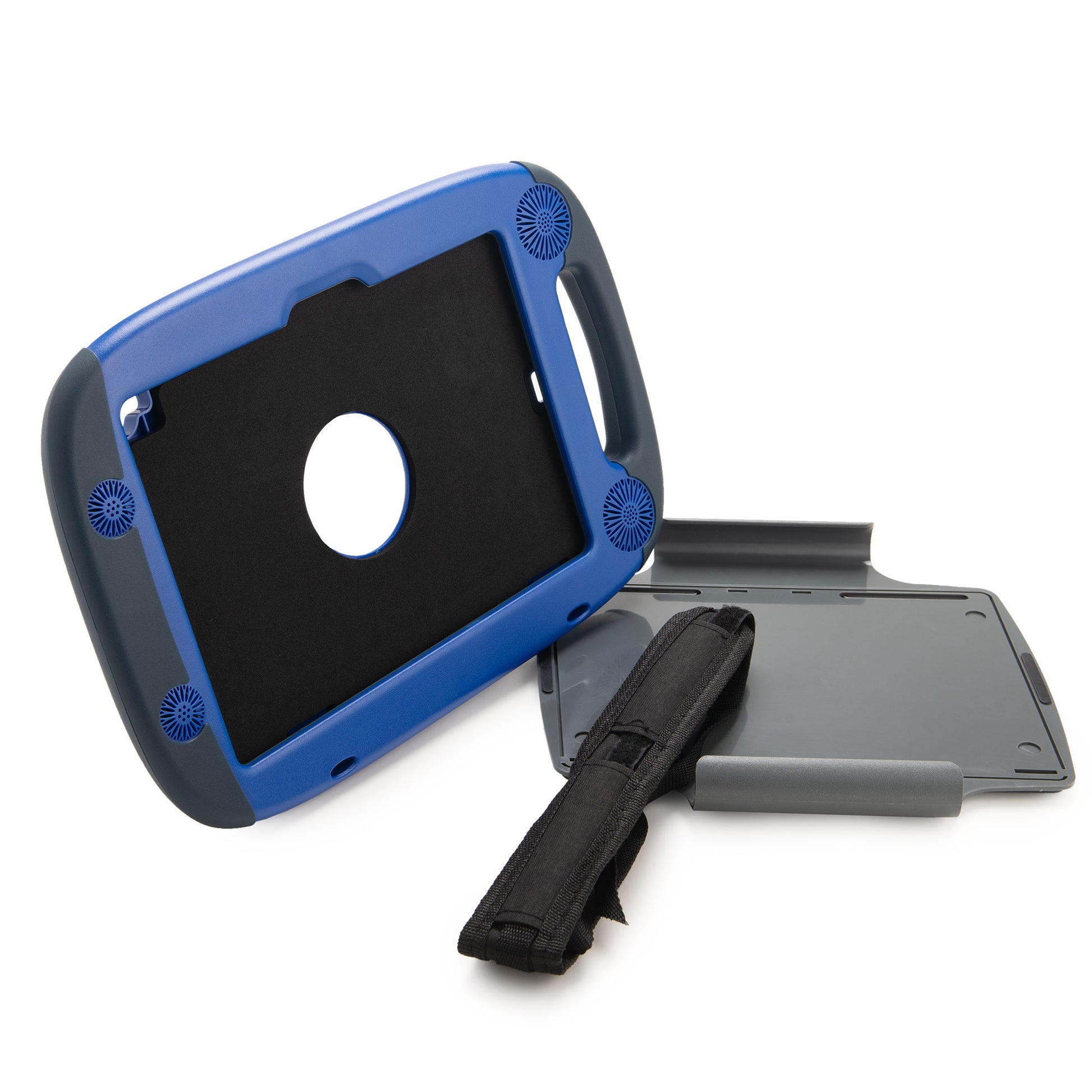 The Attainment GoNow Package (for iPad A16/10th/11th Gen, iPad Air 11-inch M2/M3/M4) is a blue and black rugged case with built-in handles, stand, carrying strap, circular cutout, and textured grip areas for secure handling.