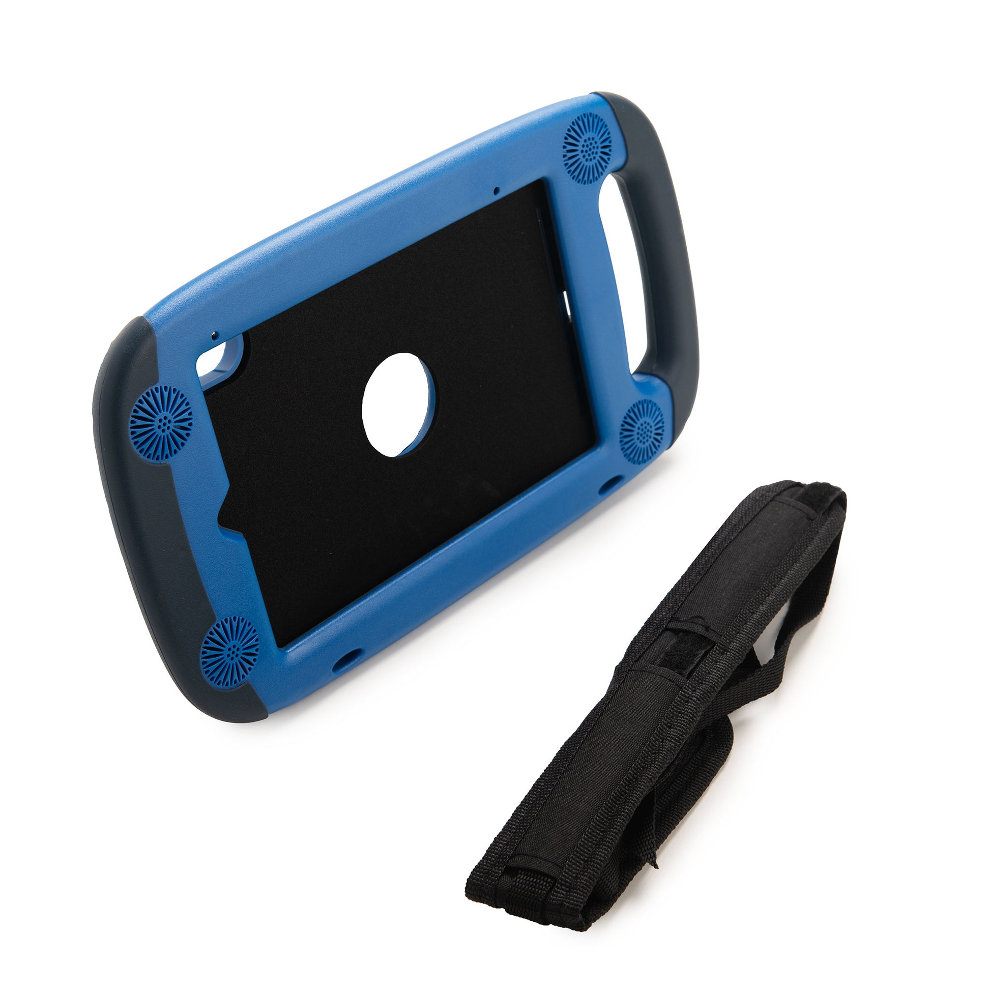 The Attainment GoNow Package, designed for iPad mini 6 and iPad mini (A17 Pro), is a blue and black heavy-duty case with handles, vent-like designs, and comes with a detachable black strap, displayed on a white background.