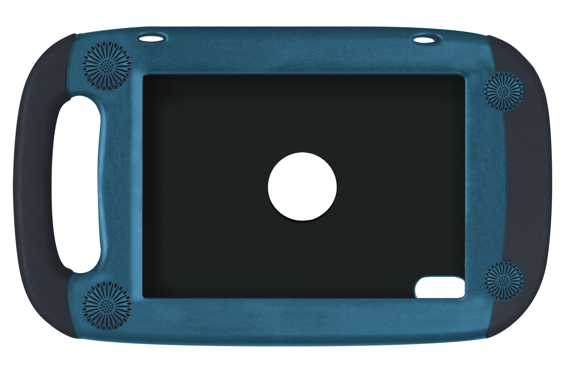 The Attainment GoNow Package for iPad mini 6 (A17 Pro) is a blue and black heavy-duty case with a left-side handle, corner shock-absorbing grips, a large central cutout, and a lower right rectangular opening.