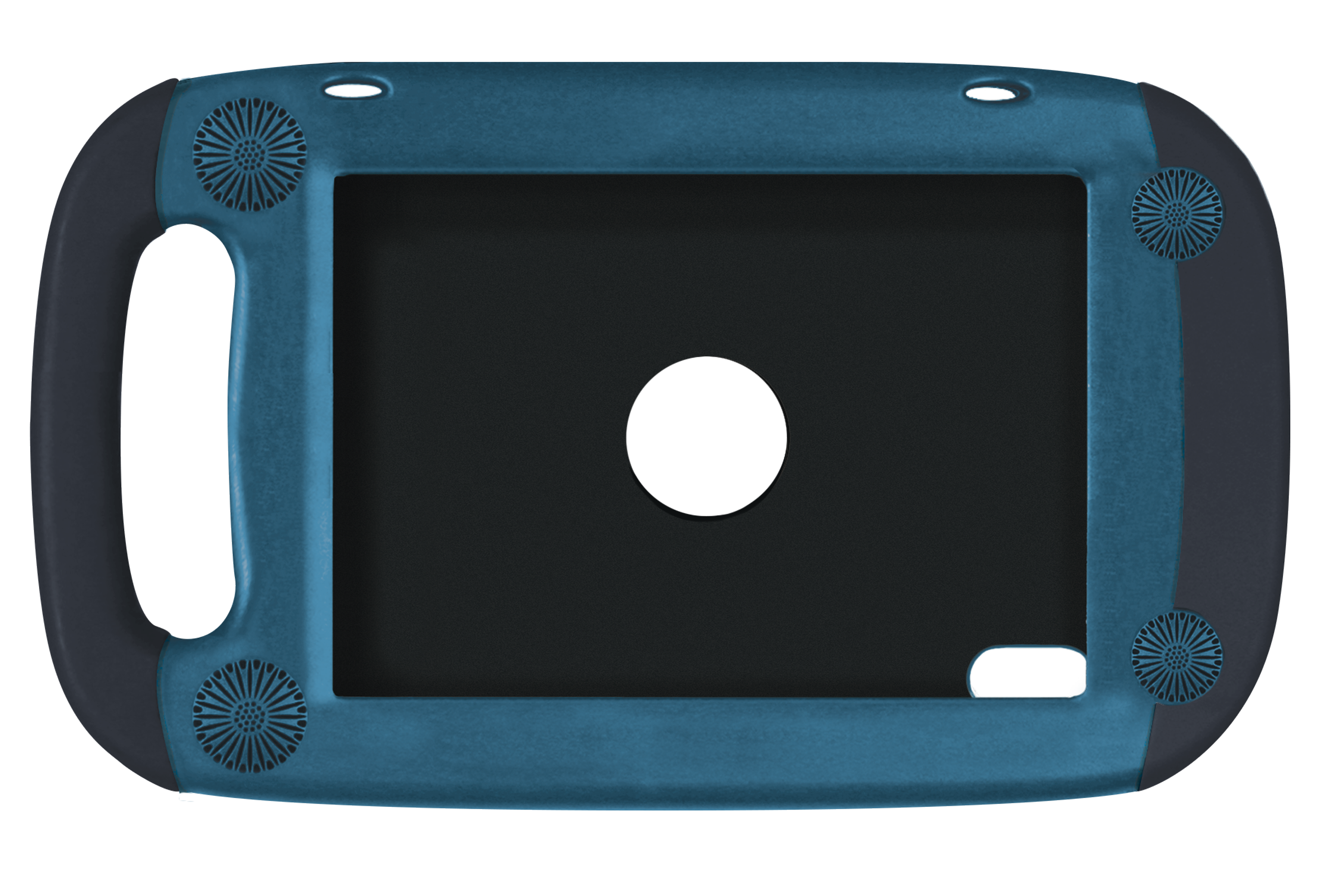 The Attainment GoNow Package for iPad mini 6 (A17 Pro) is a blue and black heavy-duty case with a left-side handle, corner shock-absorbing grips, a large central cutout, and a lower right rectangular opening.