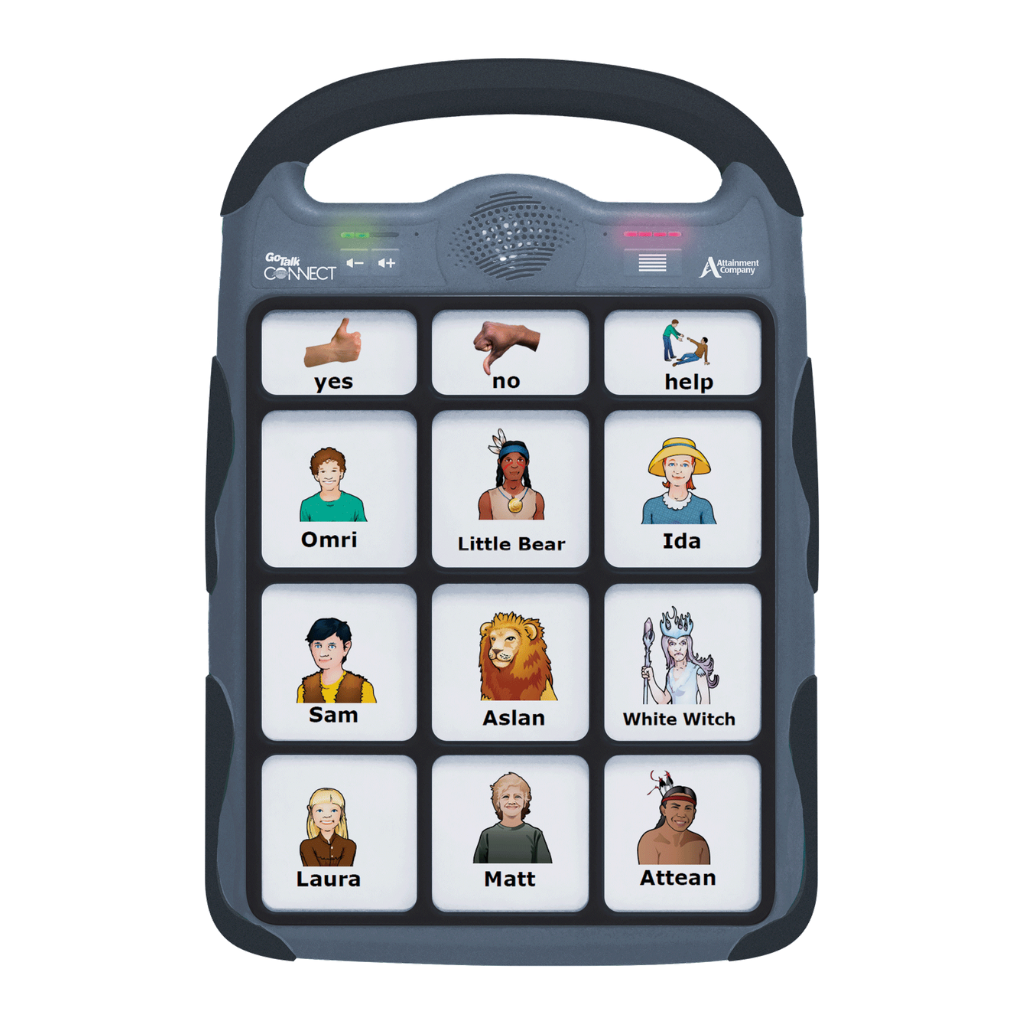 The Attainment GoTalk Connect is an AAC speech therapy device featuring 12 buttons labeled with words and illustrated characters—yes, no, help, Omri, Little Bear, Ida, Sam, Aslan, White Witch, Laura, Matt, and Attean—designed for autism support.