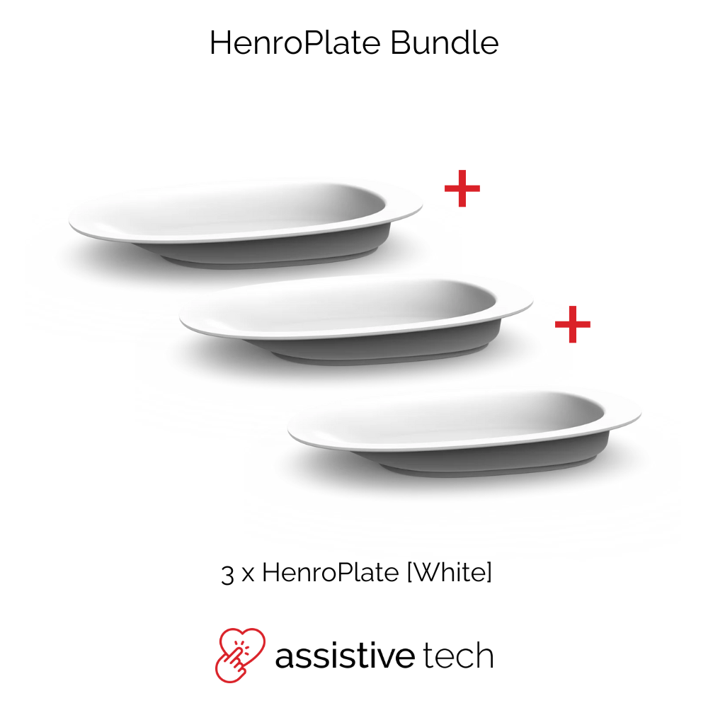 Three white oval Henrotek HenroPlate Bundle plates are shown in a staggered layout with red plus signs. Text below reads 3 x HenroPlate Bundle [White] for one-handed eating, alongside a heart and hand icon.