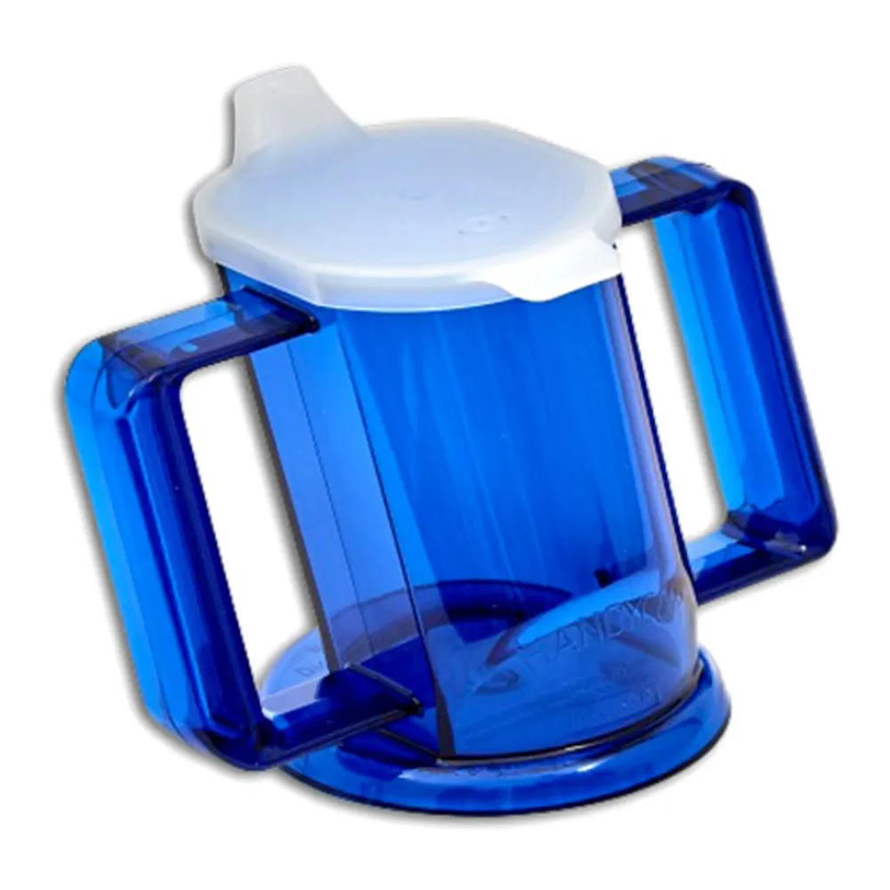 The Henrotek HenroCup is a blue plastic sippy cup with two large handles and a white spill-proof lid, ergonomically designed for easy grip and use as an assistive drinking aid.