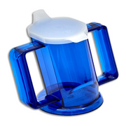 The Henrotek HenroCup is a blue plastic sippy cup with two large handles and a white spill-proof lid, ergonomically designed for easy grip and use as an assistive drinking aid.
