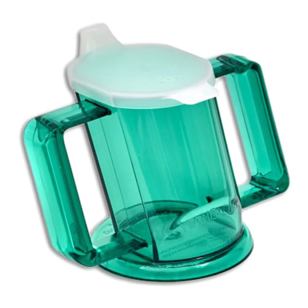 The Henrotek HenroCup is a green transparent cup with two large handles and a white spill-proof lid, designed for easy grip and drinking—ideal for those with limited hand mobility or young children.