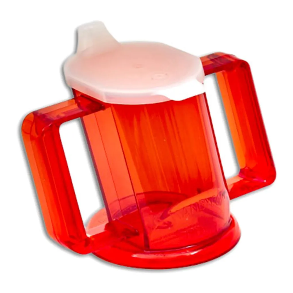 A red Henrotek HenroCup sippy cup with two large handles and a white spout lid, ergonomically designed for young children, is displayed against a white background.