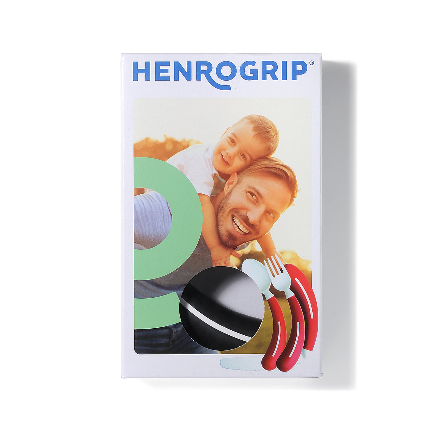 Assistive Tech's HenroGrip Knife - Black comes in a box with a smiling adult and child, featuring a circular window showing the ergonomic adaptive knife for easy cutting with a non-slip handle.