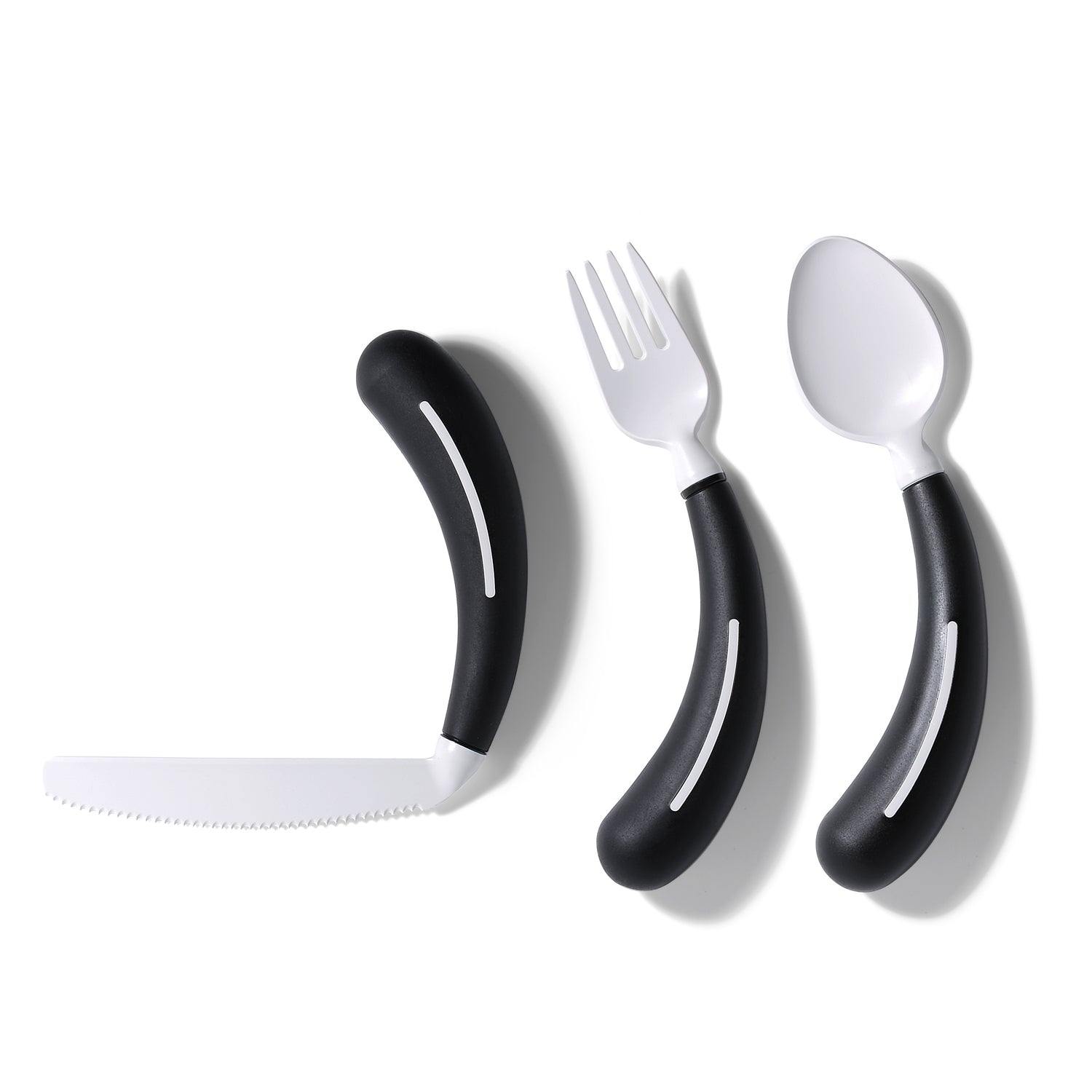 The Henrotek HenroGrip Cutlery Bundle [Black] (Right) includes a serrated knife, fork, and spoon—each with large, curved black handles and white utensils—displayed on a white background.