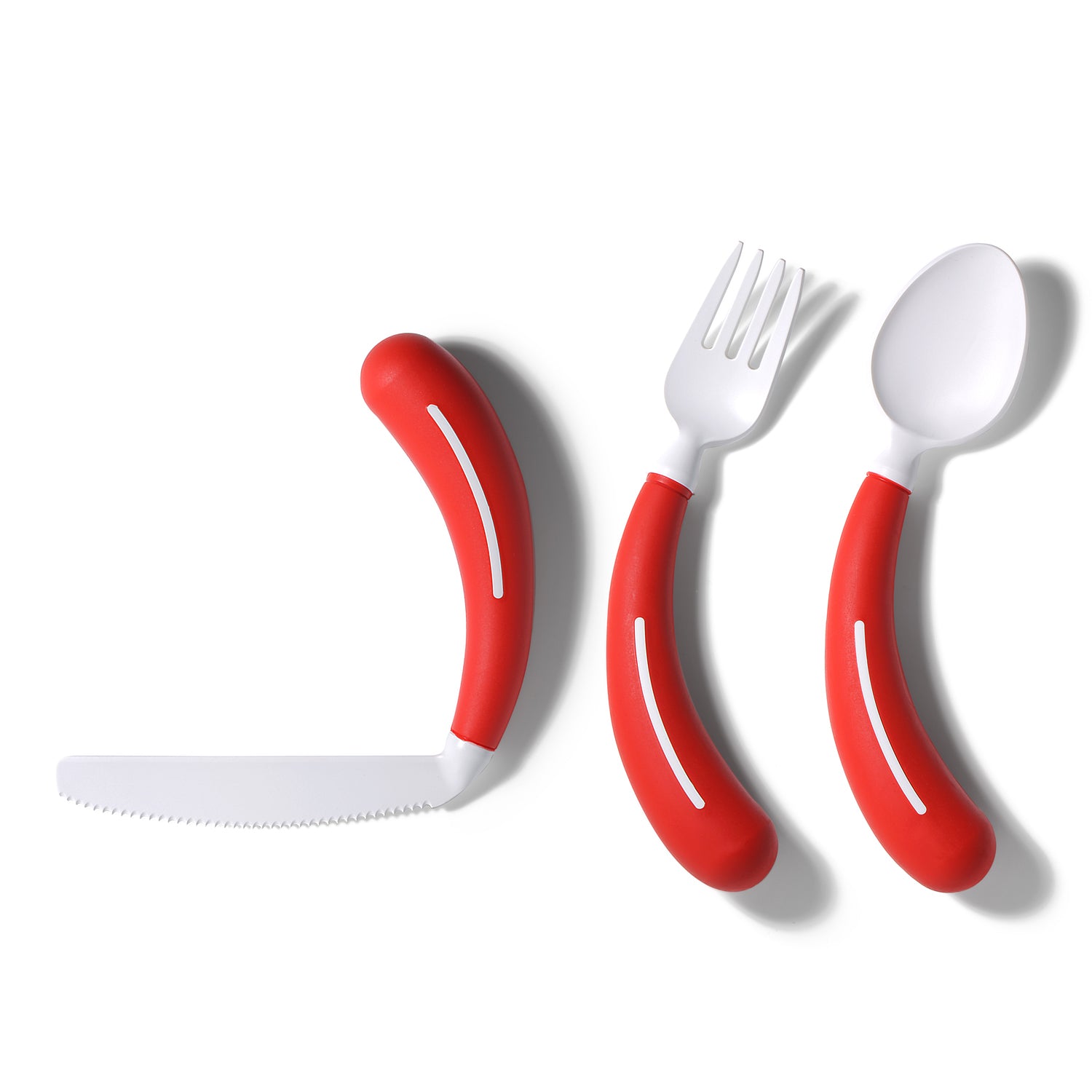 The Henrotek HenroGrip Cutlery Bundle [Red] (Left) is shown: a serrated knife, fork, and spoon with thick, curved red handles and white accents displayed on a white background.