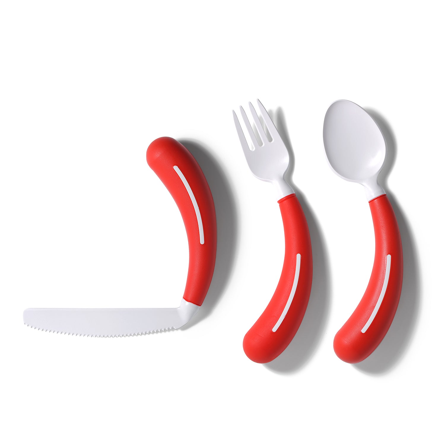The Henrotek HenroGrip Cutlery Bundle [Red] (Right) includes a serrated knife, fork, and spoon with red ergonomic curved handles and white detailing, designed for easy gripping, shown side by side on a white background.