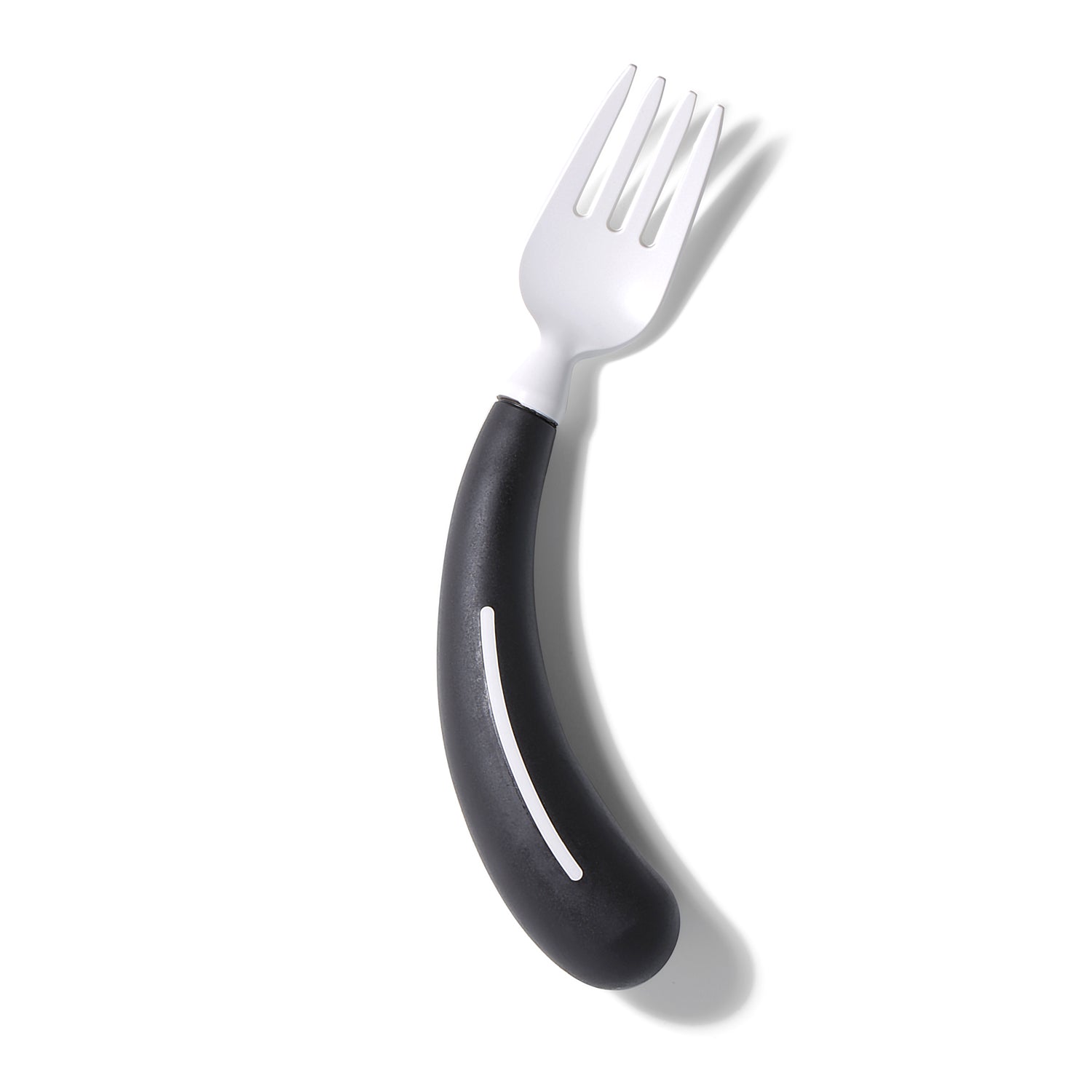 The Assistive Tech HenroGrip Fork-Black (Left-Handed) is an easy-grip adaptive cutlery with a large, curved black handle and white head, designed for comfort and ease of use. Shown on a white background with soft shadow.