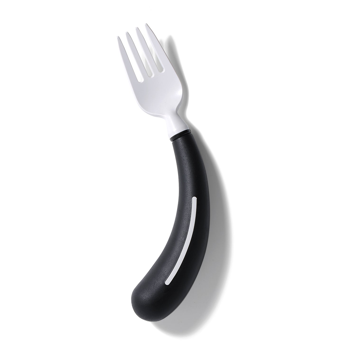 The Assistive Tech HenroGrip Fork - Black (Right-Handed) is ergonomic adaptive cutlery with a thick, curved black non-slip handle and white metal head for easy gripping, shown on a white background.
