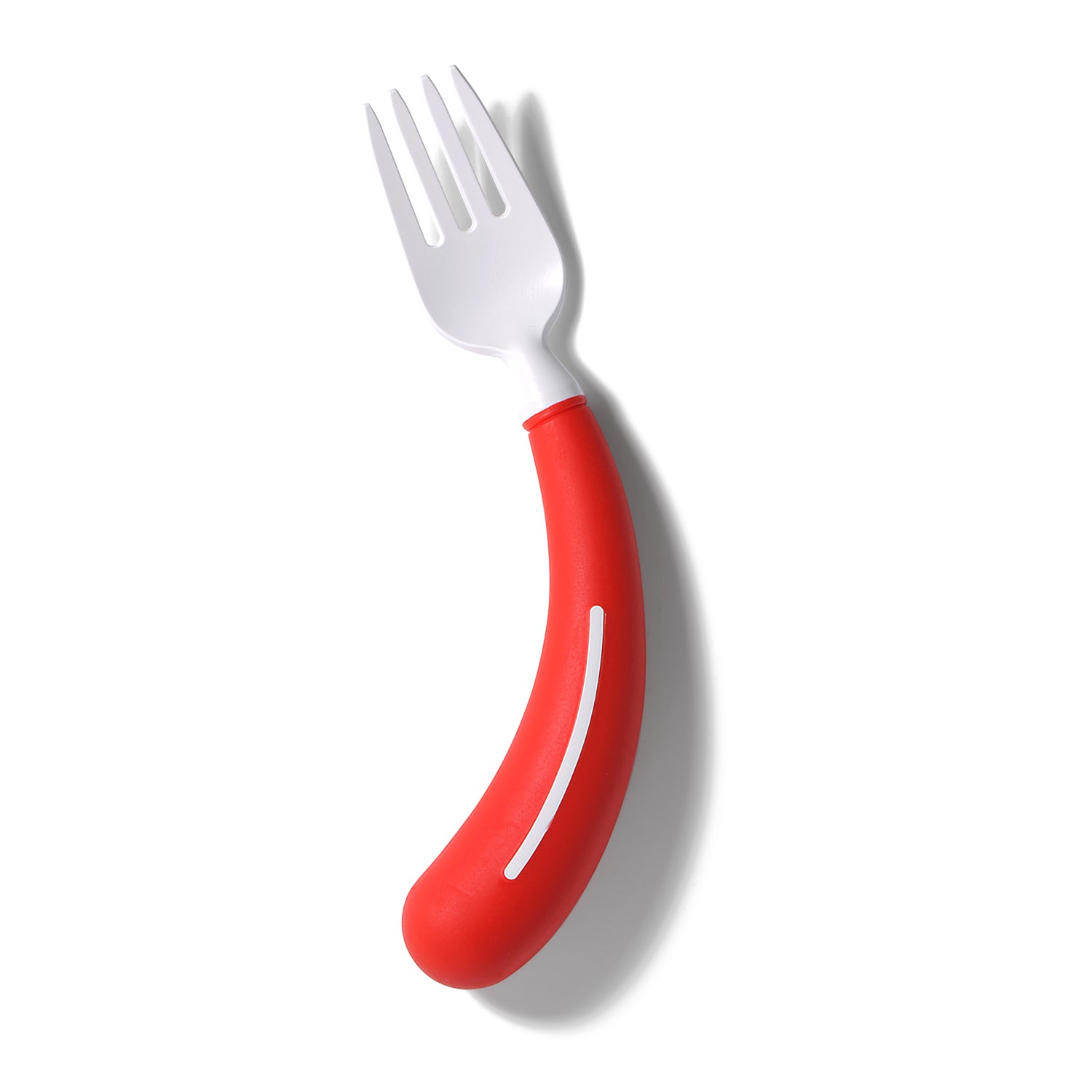 The Assistive Tech HenroGrip Fork - Red (Right-Handed) features an ergonomic white fork with a curved, thick red handle for easy gripping, displayed on a white background with a soft shadow.