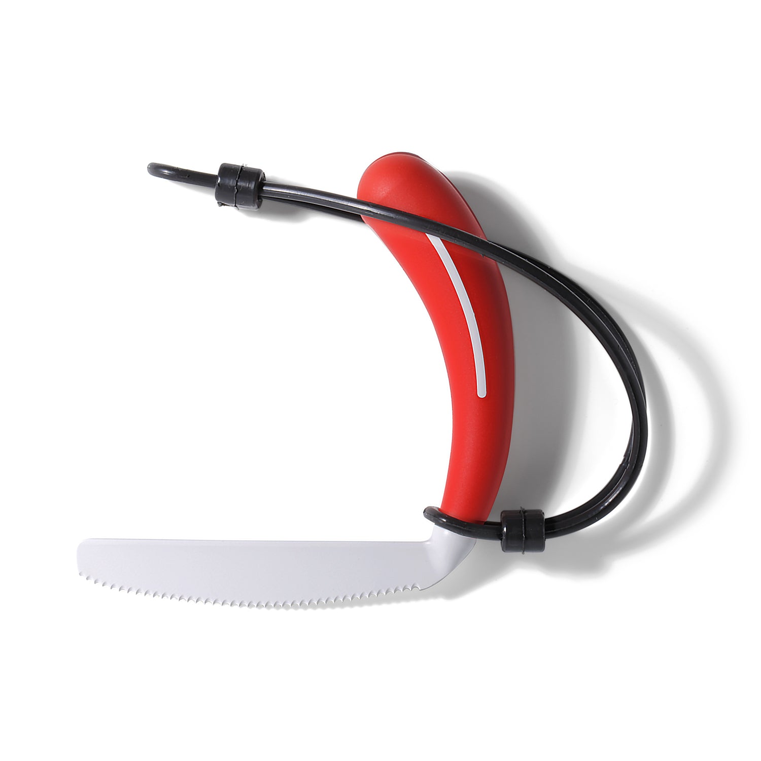 The Henrotek HenroGrip Hand Strap is a red-handled adaptive kitchen knife with a white serrated blade and black hand strap, designed for easier grip and greater control.