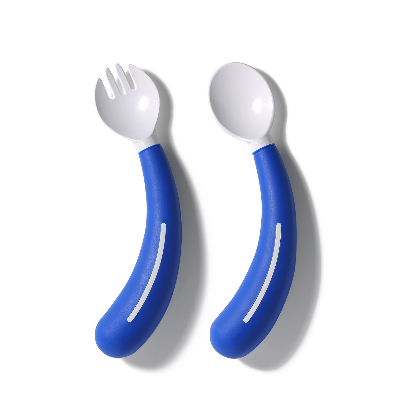 The Henrotek HenroGrip Kids Cutlery Bundle [Blue] (Right) includes a fork and spoon with curved blue handles and white tips for easy gripping, shown side by side on a white background.