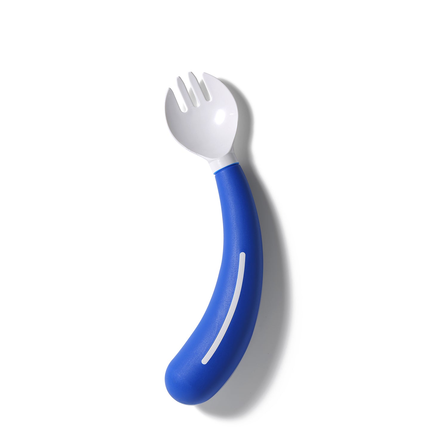 The Assistive Tech HenroGrip Kids Spork - Blue (Right-Handed) is an adaptive children's utensil with a curved ergonomic handle and a white spork head, designed for independent eating and self-feeding support. Pictured on a white background.