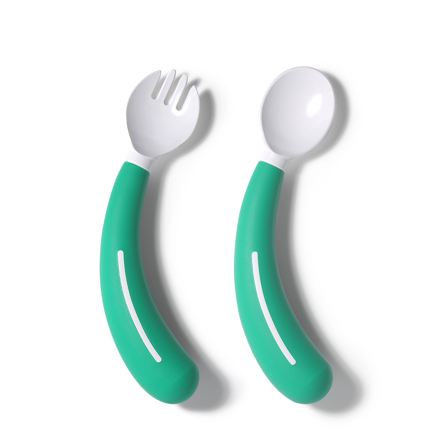 The Henrotek HenroGrip Kids Cutlery Bundle [Green] (Left), featuring a green-handled spoon and fork with white heads and ergonomic grips, is shown side by side on a white background.