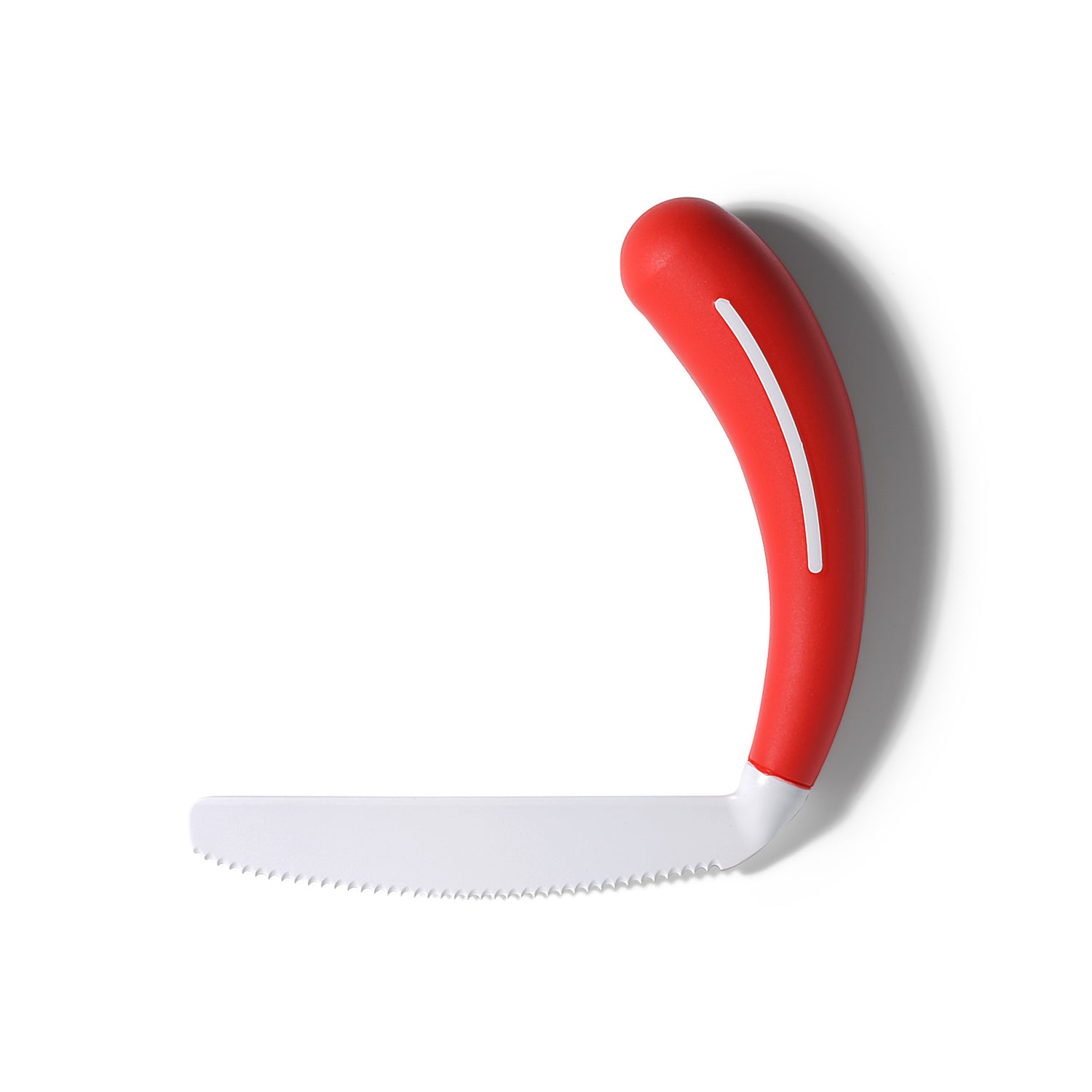 The HenroGrip Knife - Red by Assistive Tech features a serrated white blade and a curved red ergonomic handle for easy gripping, displayed against a white background.