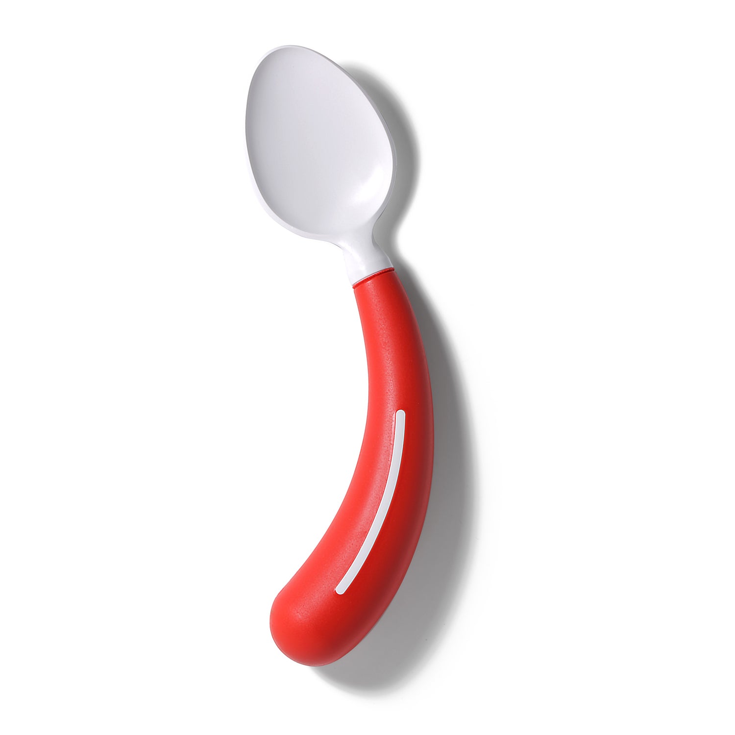 The Assistive Tech HenroGrip Spoon - Red (Right-Handed) is an ergonomic adaptive cutlery with a curved handle, red grip, and white stripe, designed to support independent eating. Photographed on a white background.