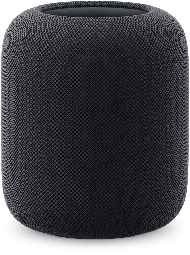 The Apple HomePod (2nd Gen) [Midnight] by Apple features a sleek cylindrical design with a dark mesh exterior and flat top, delivering high-fidelity sound for an immersive listening experience.