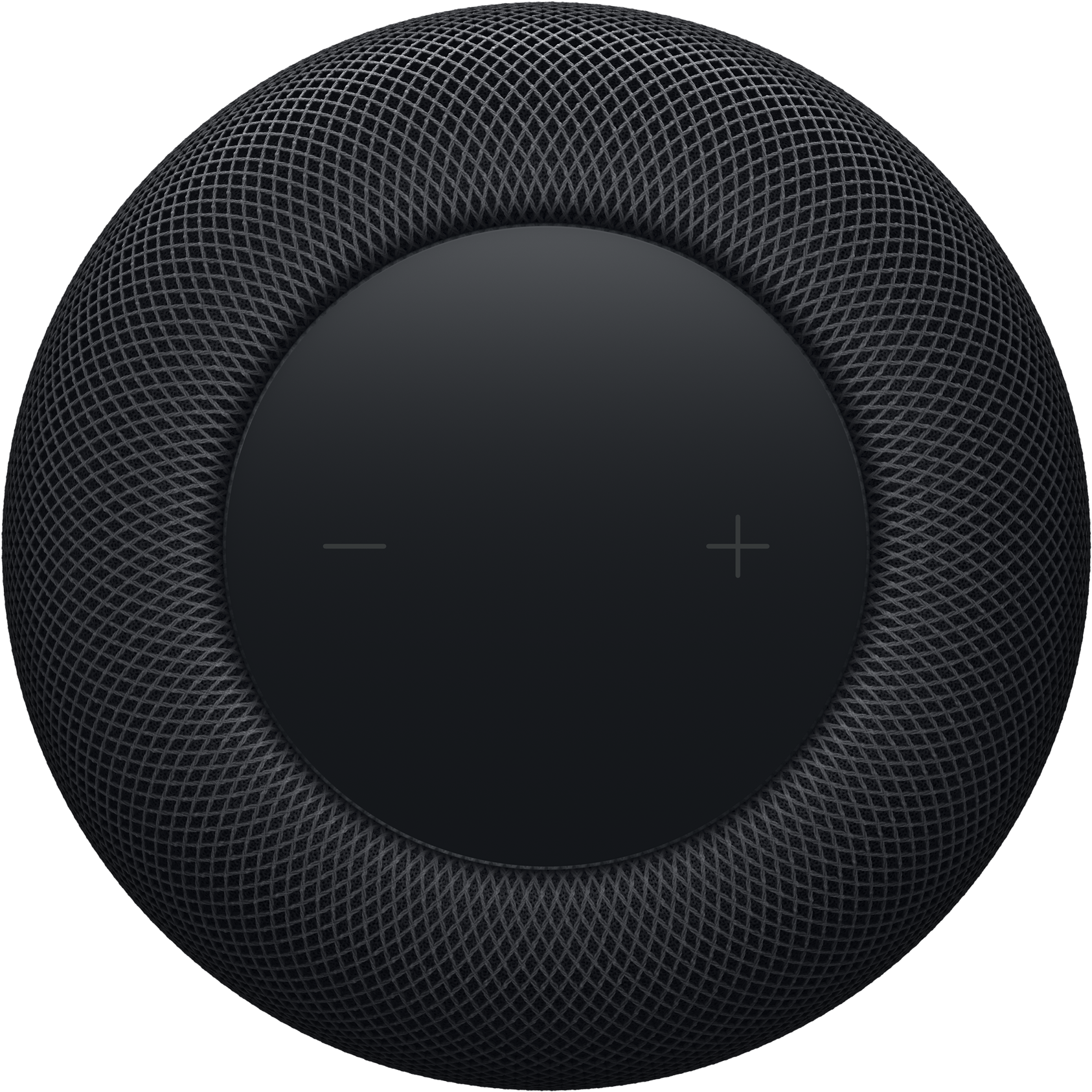 Top view of the Apple HomePod (2nd Gen) [Midnight] smart speaker by Apple, showing its mesh exterior and circular touch surface with volume controls, designed as a high-fidelity smart home hub.