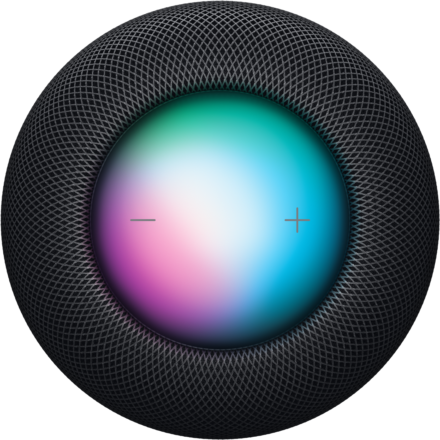A top view of the Apple HomePod (2nd Gen) [Midnight] by Apple shows its mesh design and glowing central touch surface with minus and plus signs—a stylish smart speaker ideal for any modern home setup.