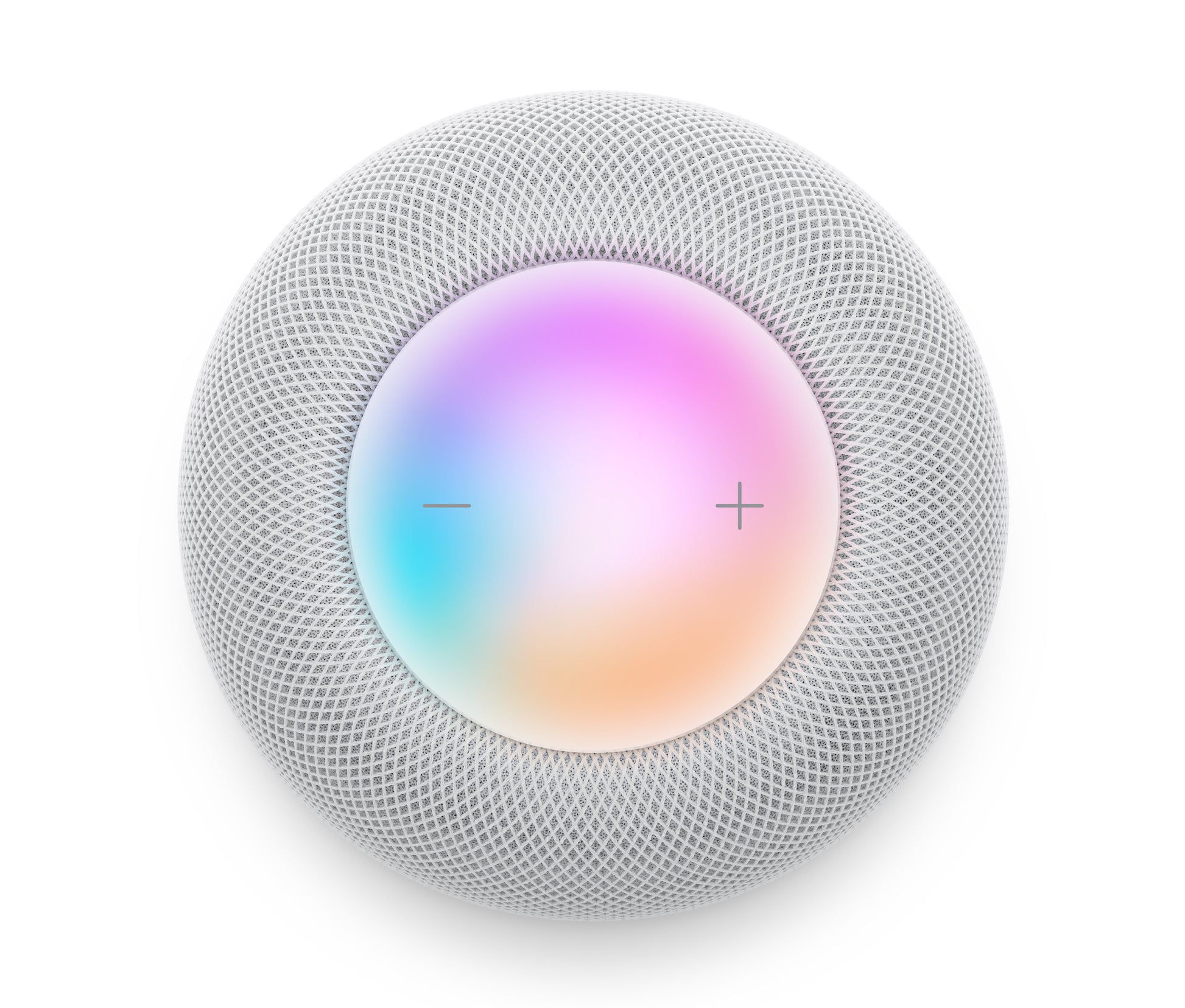 Top view of the Apple HomePod (2nd Gen) [White] by Apple, featuring a mesh exterior and circular touch surface with pastel colors—complete with minus and plus symbols for volume control and Siri support, ideal for any smart home.