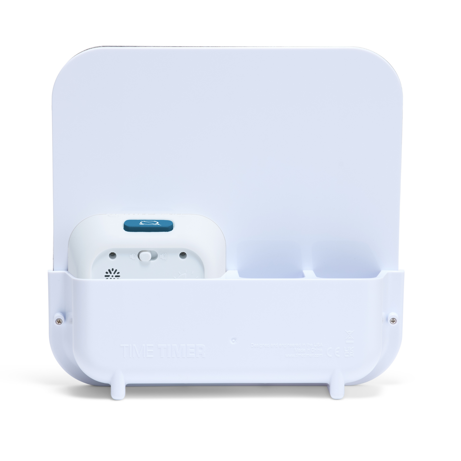 A Time Timer PRO 60-min by Time Timer with a blue visual timer sits in a white plastic organizer with three compartments and an attached dry erase board, displayed against a plain white background.